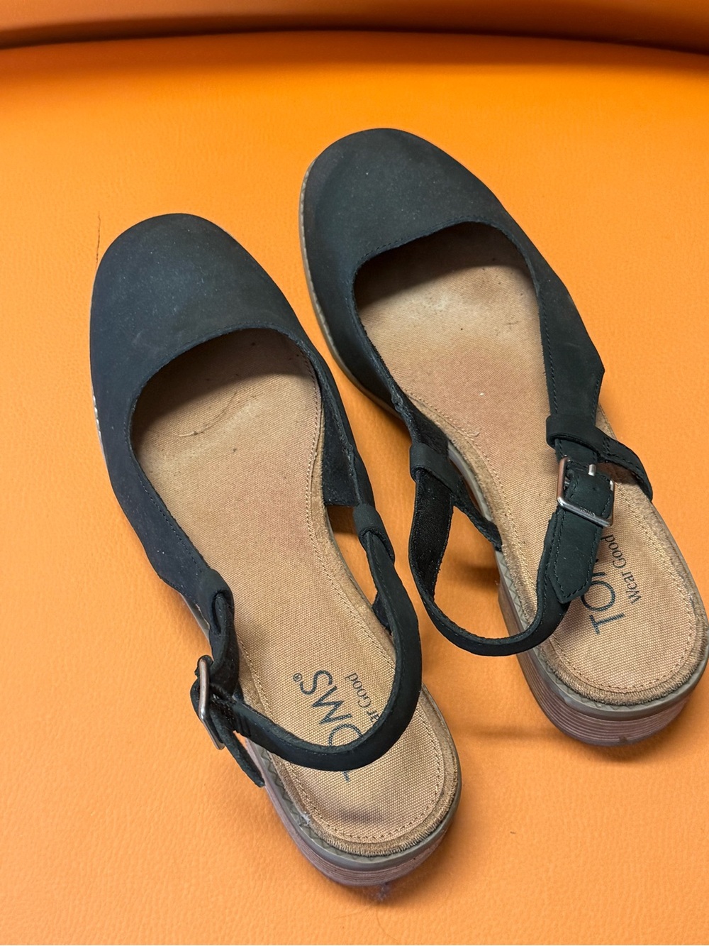 Toms Black Suede Slingback Heels with Buckle